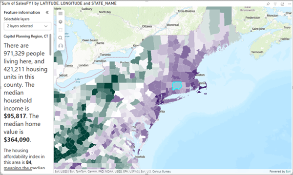 A map with a highlighted county and a text pane